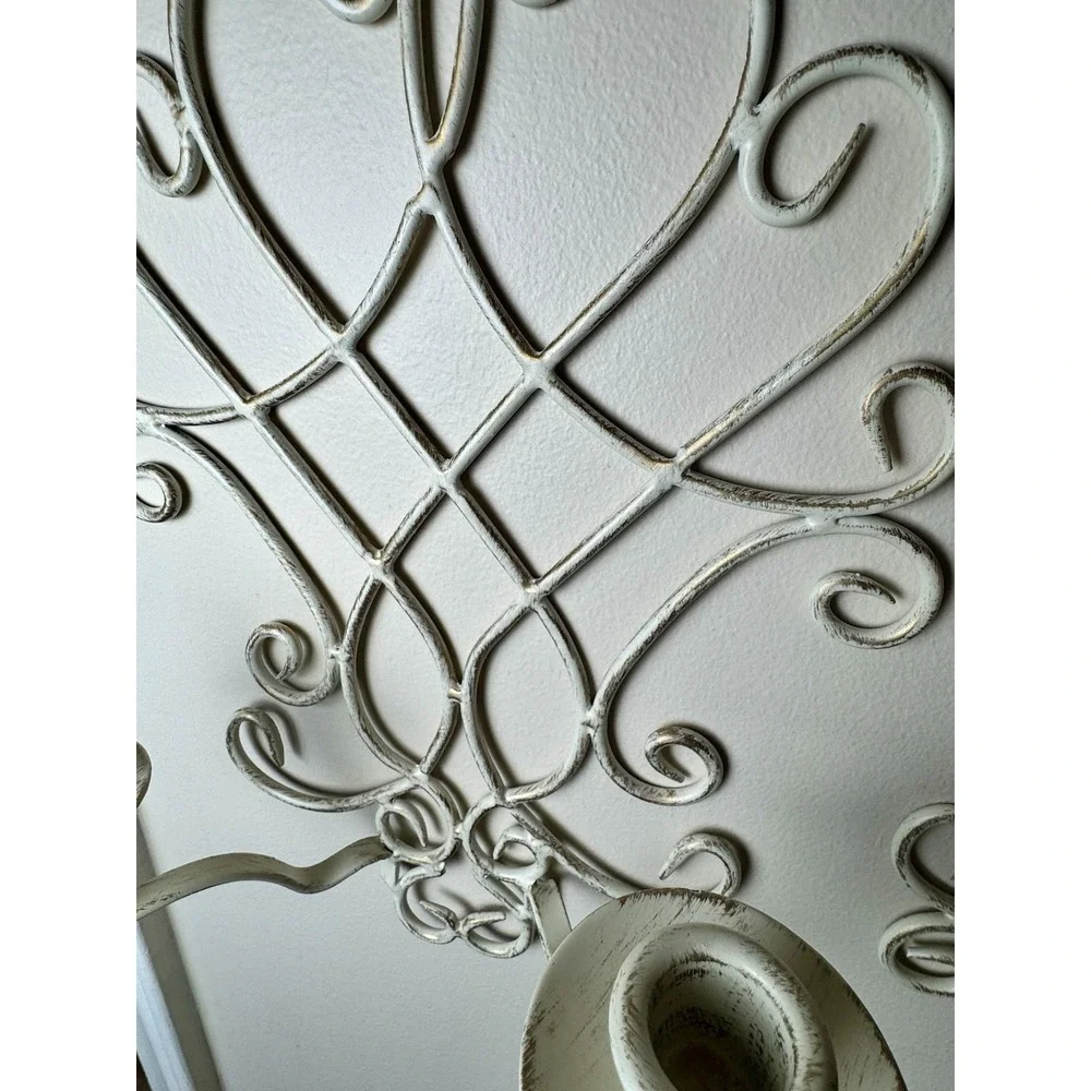 Vintage French Country Distressed Metal Wall Sconce Candle Holder Pair Cream 16